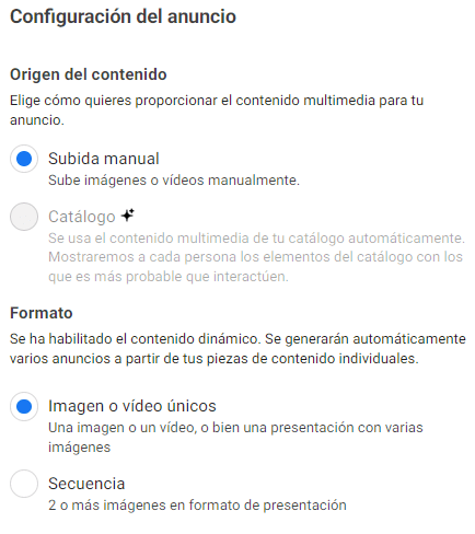 Configuración del anuncio en meta ads