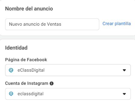 Nombre del anuncio e identidad meta ads