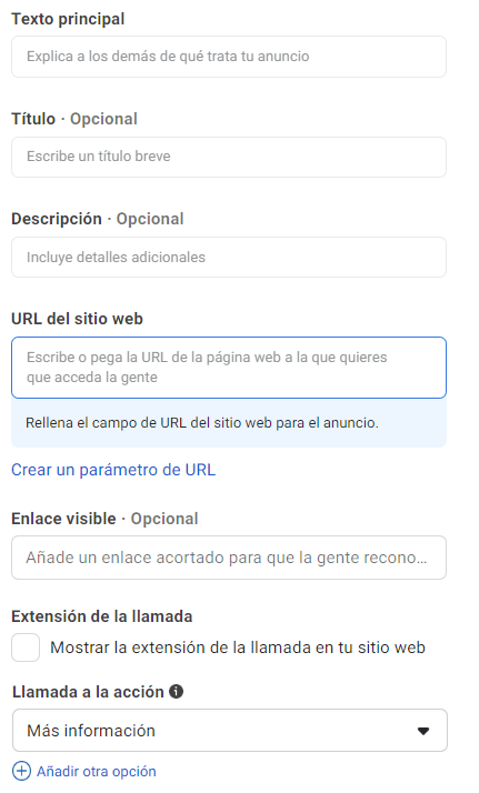Textos y llamada a la acción del anuncio meta ads
